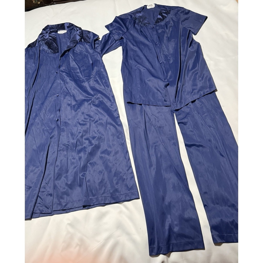 Vintage Vanity Fair 3 Piece Pajama Set Pants Shirt Robe Size S Navy Blue